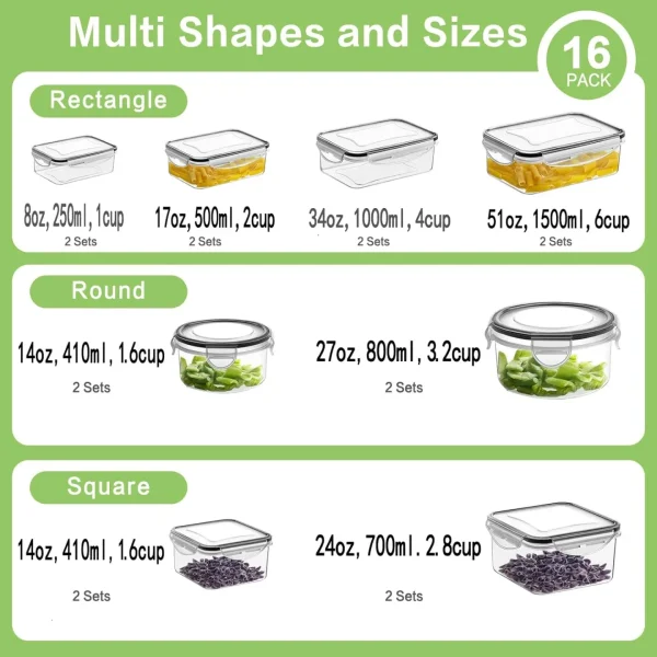 32 Pieces Food Storage Containers Set with Snap Lids (16 Lids + 16 Containers), Plastic Containers, BPA-Free Lunch Container Bento Box for Home, Black