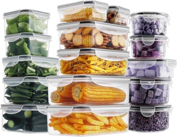 32 Pieces Food Storage Containers Set with Snap Lids (16 Lids + 16 Containers), Plastic Containers, BPA-Free Lunch Container Bento Box for Home, Black
