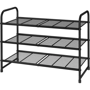 3 Tier Stackable Shoe Rack, Expandable Adjustable Shoe Shelf Storage Organizer, Wire Grid, Black