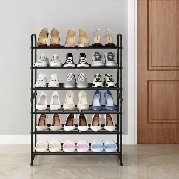 3 Tier Stackable Shoe Rack, Expandable Adjustable Shoe Shelf Storage Organizer, Wire Grid, Black