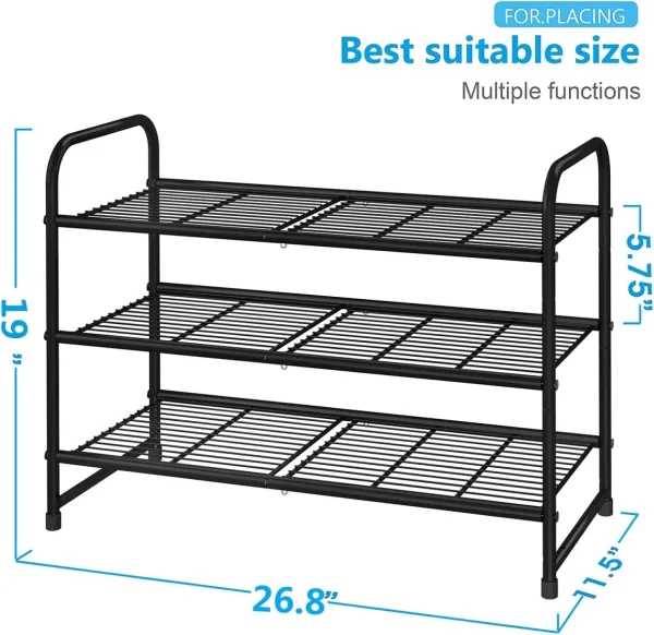 3 Tier Stackable Shoe Rack, Expandable Adjustable Shoe Shelf Storage Organizer, Wire Grid, Black