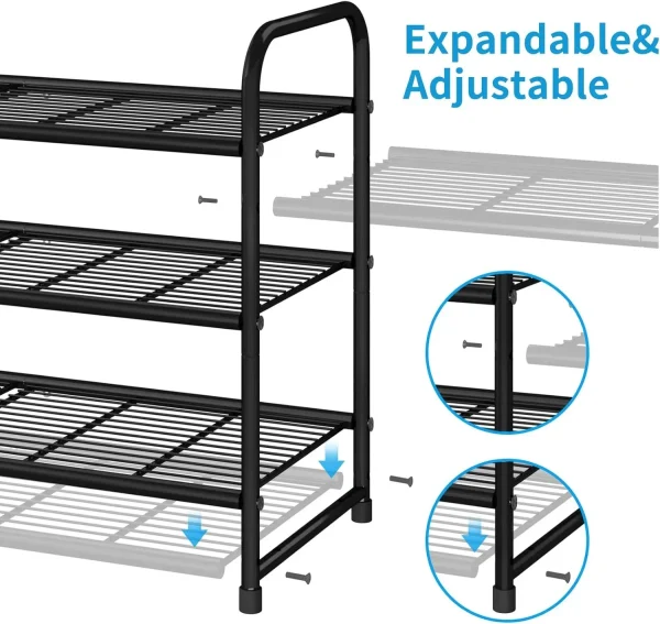 3 Tier Stackable Shoe Rack, Expandable Adjustable Shoe Shelf Storage Organizer, Wire Grid, Black