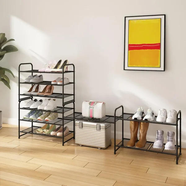 3 Tier Stackable Shoe Rack, Expandable Adjustable Shoe Shelf Storage Organizer, Wire Grid, Black