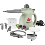 Handheld portable steam cleaner for tile, grout, windows, bathrooms, kitchens, fabric steaming tool, includes 10 tools