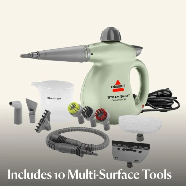 Handheld portable steam cleaner for tile, grout, windows, bathrooms, kitchens, fabric steaming tool, includes 10 tools