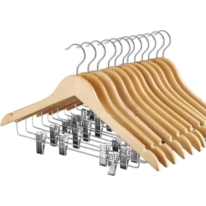 12 Pack High-Grade Wooden Suit Hangers Skirt Hangers with Clips Solid Wood Pants Hanger Natural Smooth Finish Premium Wood Hanger with Durable Metal Clips for Blouse, Dress, Coat, Jacket
