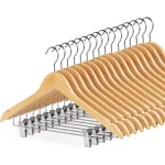 16Pack Wooden Hangers Skirt Hangers with Clips, Solid Wood Pants Hangers Natural Smooth Finish High-Grade Selected Wood Hangers with Sturdy Metal Clips for Blouse Dress Coat Jacket