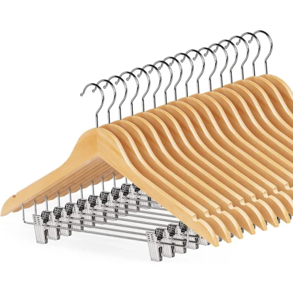 16Pack Wooden Hangers Skirt Hangers with Clips, Solid Wood Pants Hangers Natural Smooth Finish High-Grade Selected Wood Hangers with Sturdy Metal Clips for Blouse Dress Coat Jacket