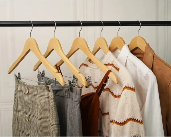 16Pack Wooden Hangers Skirt Hangers with Clips, Solid Wood Pants Hangers Natural Smooth Finish High-Grade Selected Wood Hangers with Sturdy Metal Clips for Blouse Dress Coat Jacket