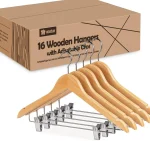 16Pack Wooden Hangers Skirt Hangers with Clips, Solid Wood Pants Hangers Natural Smooth Finish High-Grade Selected Wood Hangers with Sturdy Metal Clips for Blouse Dress Coat Jacket