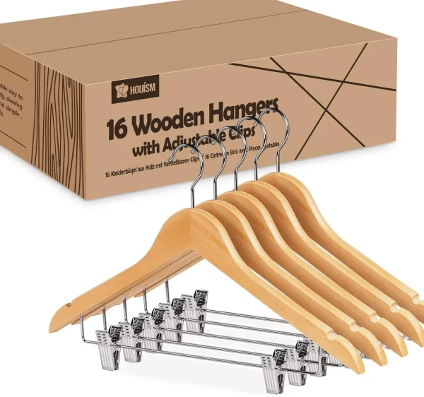 16Pack Wooden Hangers Skirt Hangers with Clips, Solid Wood Pants Hangers Natural Smooth Finish High-Grade Selected Wood Hangers with Sturdy Metal Clips for Blouse Dress Coat Jacket