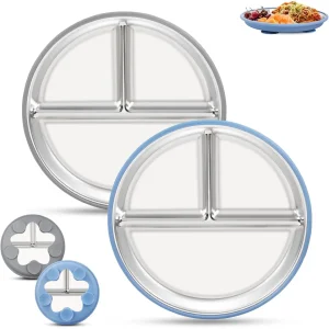 Toddler Plates Stainless Steel Kids Plates, Baby Plates with Suction Base, Non-Slip Removable Silicone Sleeves, Unbreakable Dishwasher Safe Dinnerware for Baby Led Weaning, Set of 2, Blue and Gray
