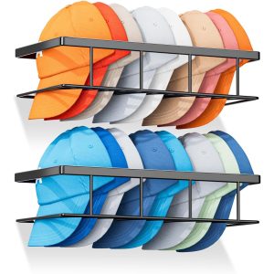 2 Packs Metal Hat Racks for Baseball Caps, Sturdy Hat Storage Organizer, Wall Mounted Hat Organizer Fit 20 Caps Holder, Curved Design, Black