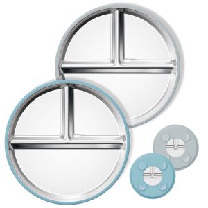 Askmuse Stainless Steel Baby Plate with Suction: Toddler Plate with Removable Silicone Sleeves, Food Grade Stainless Steel Kids Plate 220℃, Blue, Gray, 2 Pack