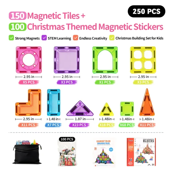 Askmuse 250PCS Magnetic Tiles, Magnet Building Toys for Kids, Christmas STEM Building Magnetic Blocks Set, Strong Magnetic Construction Tiles, Creative Educational Gift for Toddlers Boys Girls 3+