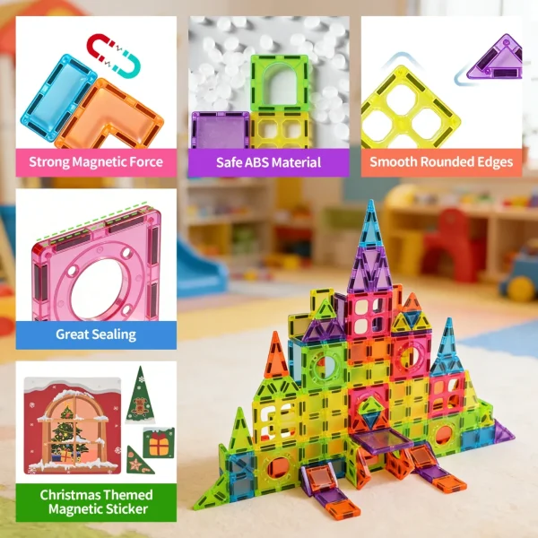 Askmuse 250PCS Magnetic Tiles, Magnet Building Toys for Kids, Christmas STEM Building Magnetic Blocks Set, Strong Magnetic Construction Tiles, Creative Educational Gift for Toddlers Boys Girls 3+
