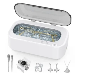 Askmuse Ultrasonic Jewelry Cleaner Machine, Ring Cleaner with Accessory Holder, 48KHz Deep Wash, 12oz 304 SS Tank, Dual Modes for Retainer, Denture, Glasses, Gold, Silver, Diamond Ring, Home Use Gift