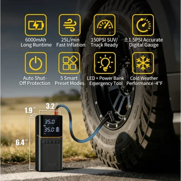 Askmuse Tire Inflator Portable Air Compressor Car Accessories, 150PSI Fast Inflation Cordless Air Pump with Digital Auto Shut-Off, LED Light, for Car Tires, Bike, Ball, Inflatables, Travel Emergency