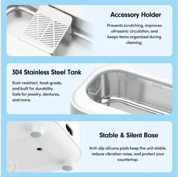 Askmuse Ultrasonic Jewelry Cleaner Machine, Ring Cleaner with Accessory Holder, 48KHz Deep Wash, 12oz 304 SS Tank, Dual Modes for Retainer, Denture, Glasses, Gold, Silver, Diamond Ring, Home Use Gift