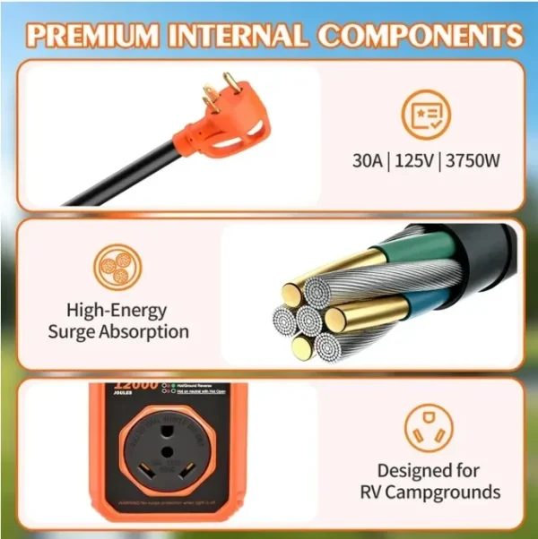 Askmuse RV Surge Protector 30 Amp, 12000 Joules Camper Power Protector, Smart Circuit Analyzer with LED Indicator, Waterproof Electrical Protection, 30 Amp RV Plug, Motorhome Camper Accessories
