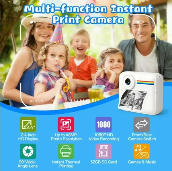 Askmuse Kids Instant Print Camera,2.4in HD Screen,48MP Photo,1080P Video,Rechargeable,Toy Camera with Games Music,Ideal Birthday Gift for Boys Girls
